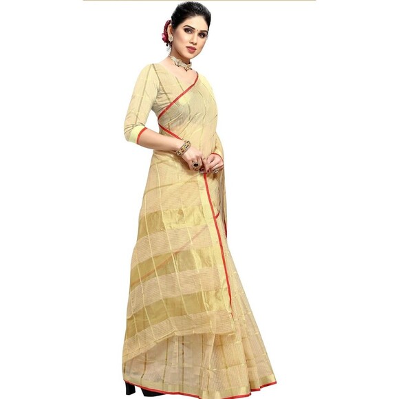 Women's Kota Doria Pure Cotton Saree With Unstiched Blouse NWT golden zari weave - Picture 4 of 12
